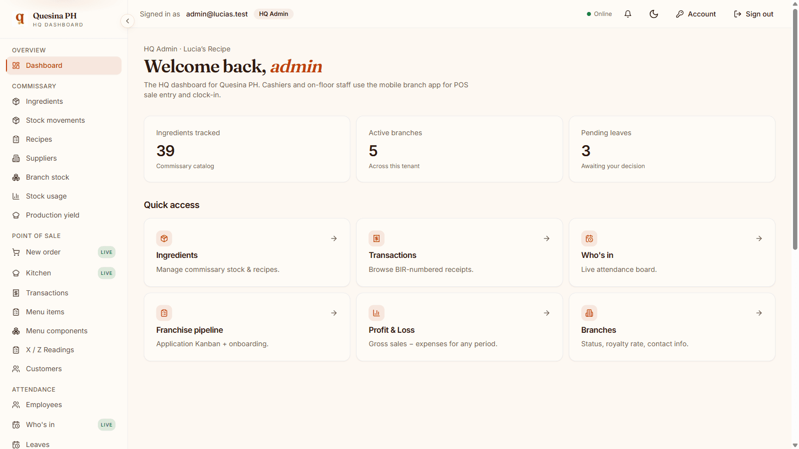 The HQ dashboard showing live counts, the notification bell and quick links.
