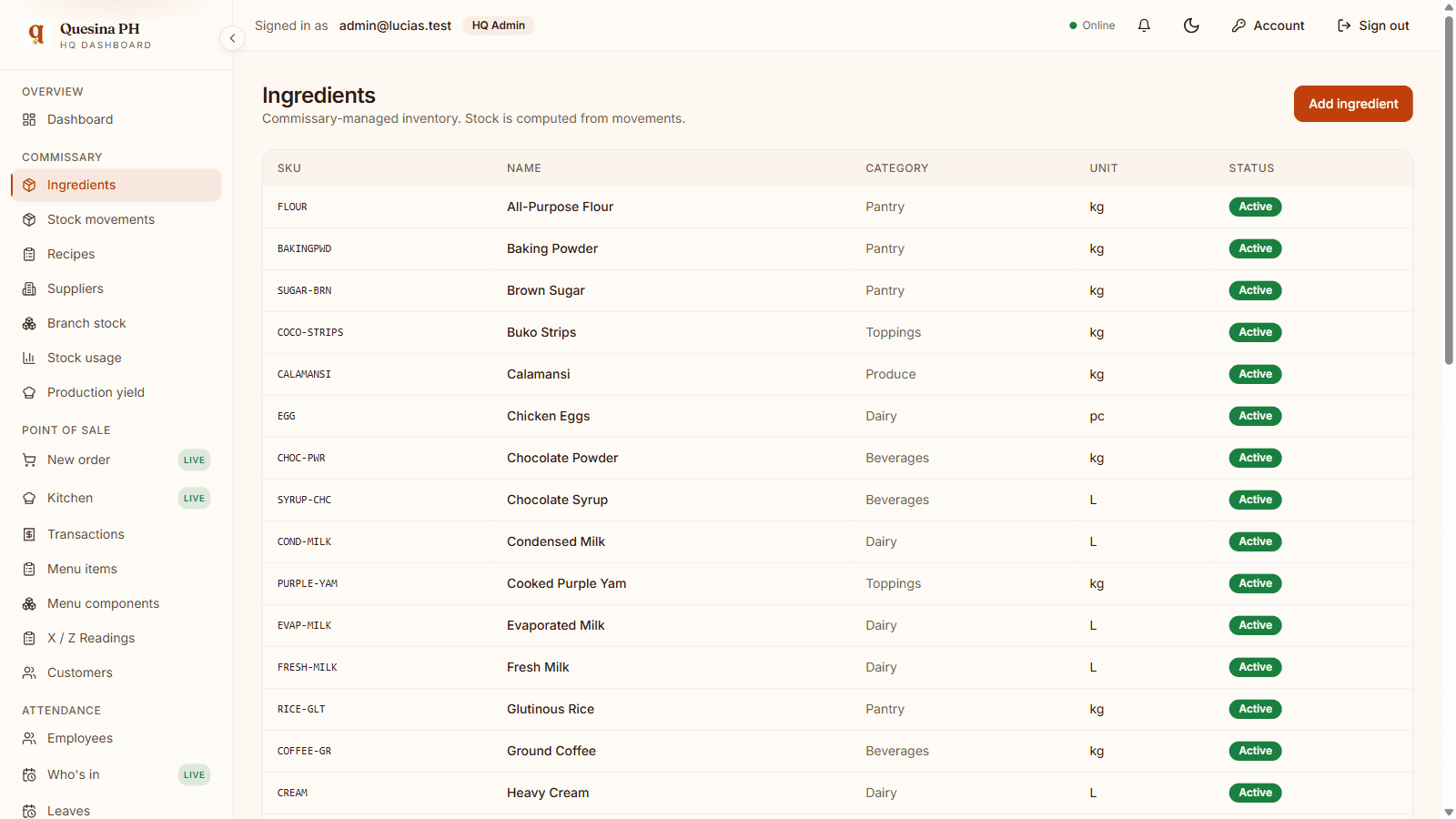 The commissary ingredients list with add, edit and CSV import controls.