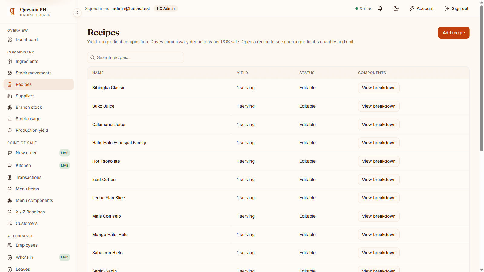 The reusable recipe library with add, edit, delete and bulk-delete.