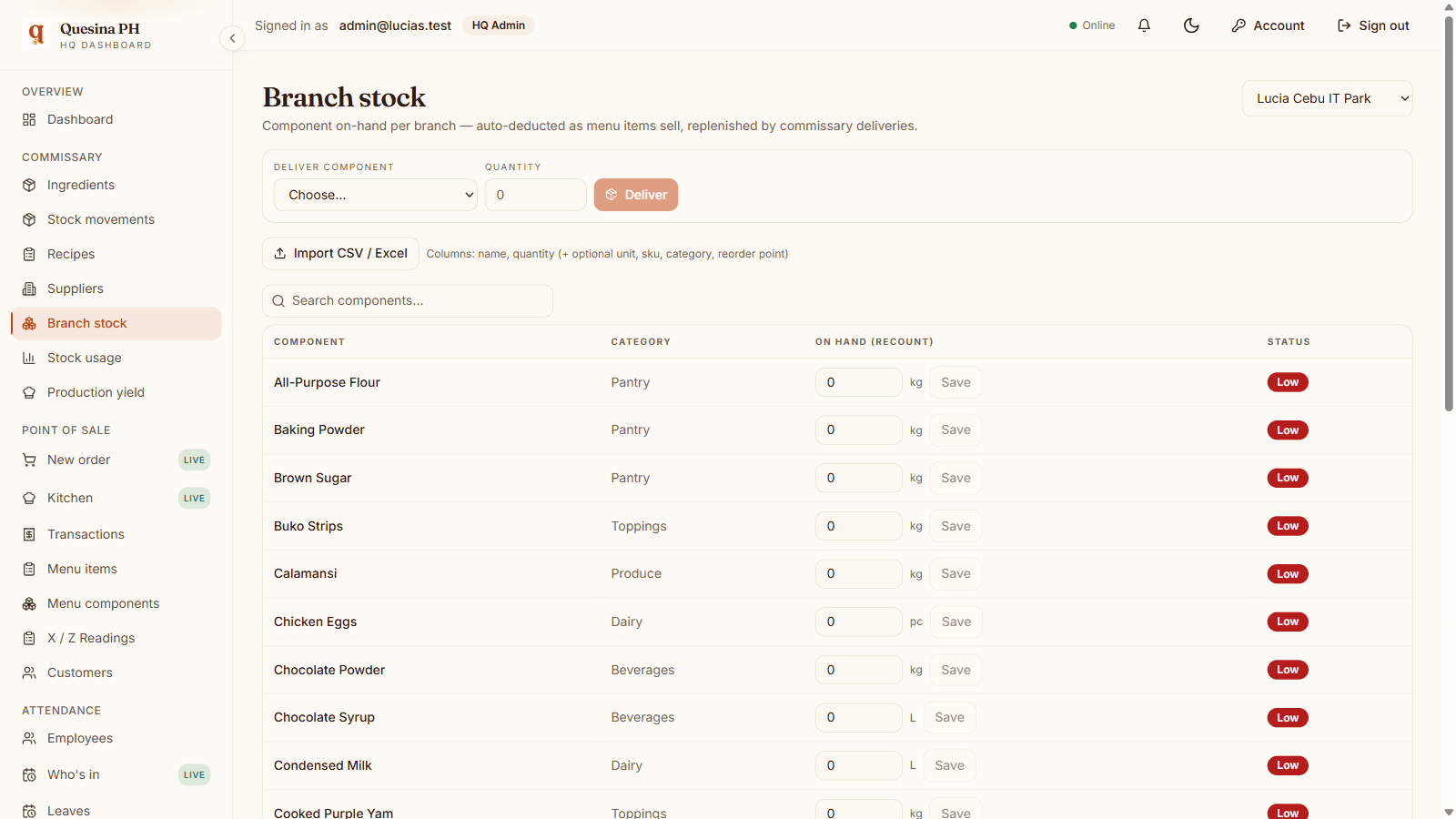 Per-branch stock with delivery, inline recount, import and low-stock badges.