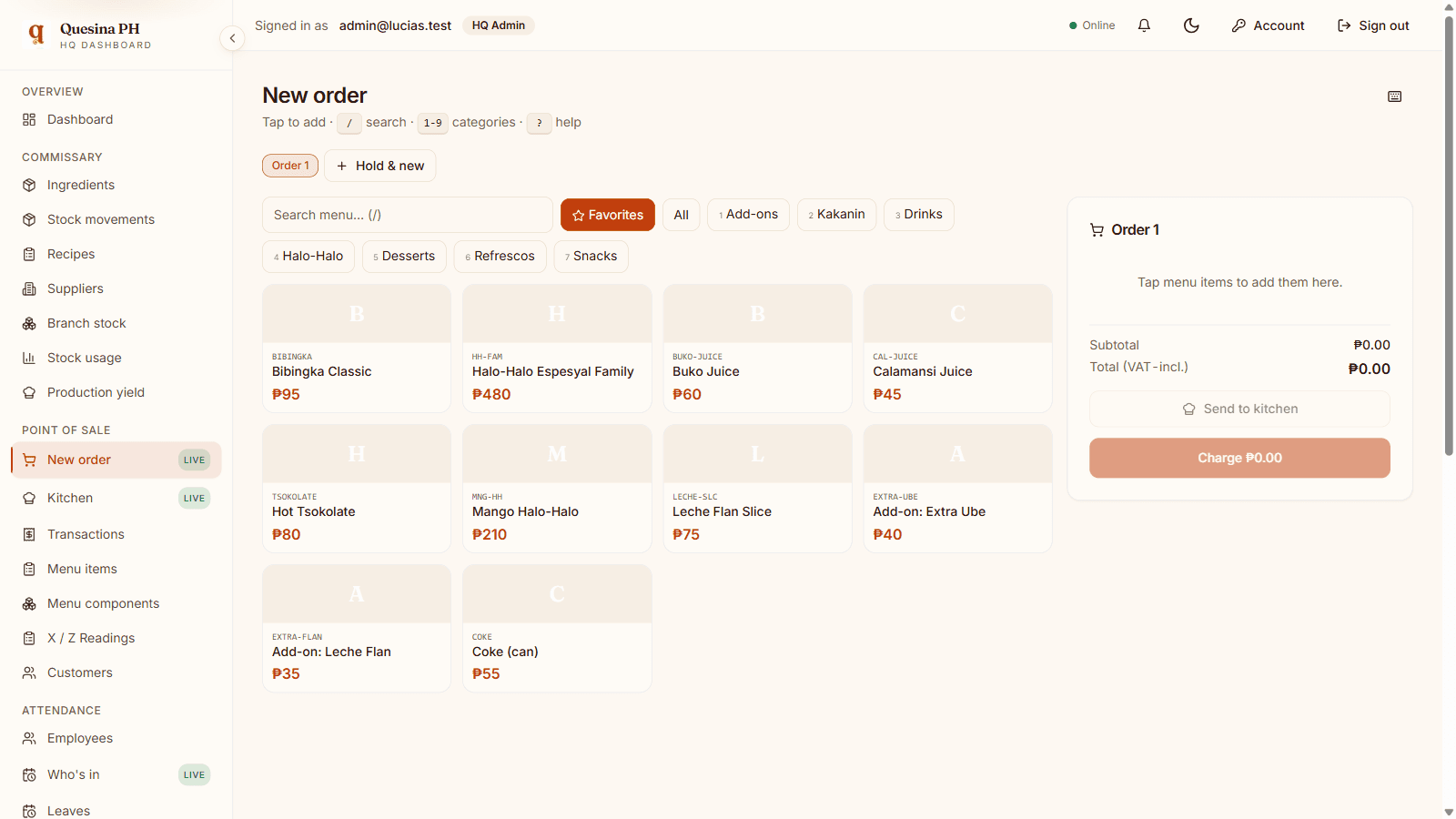The POS new-order screen with category tabs, cart, discounts and payments.