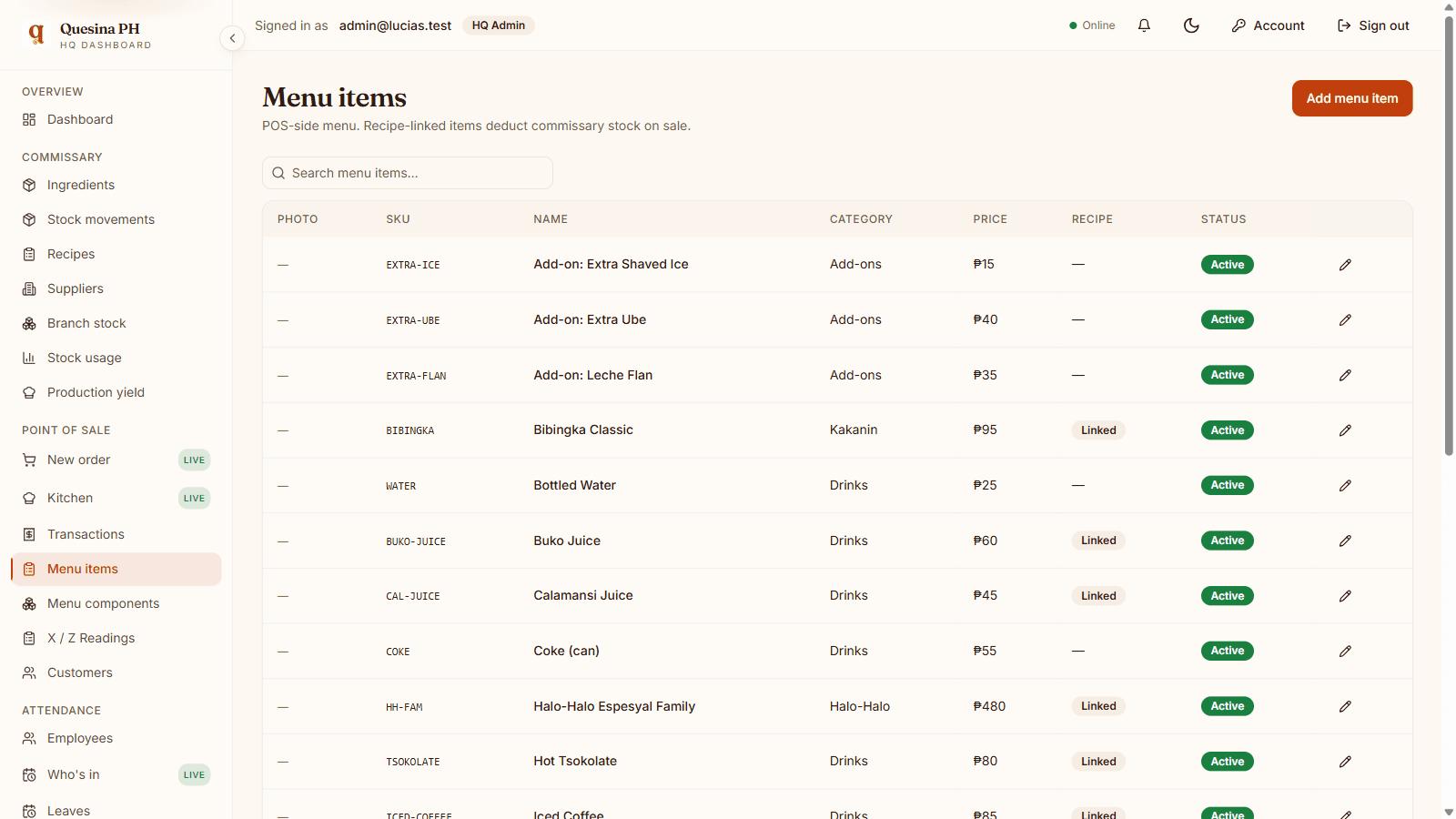 Menu items CRUD with photos, prices, components editor and Apply recipe template.