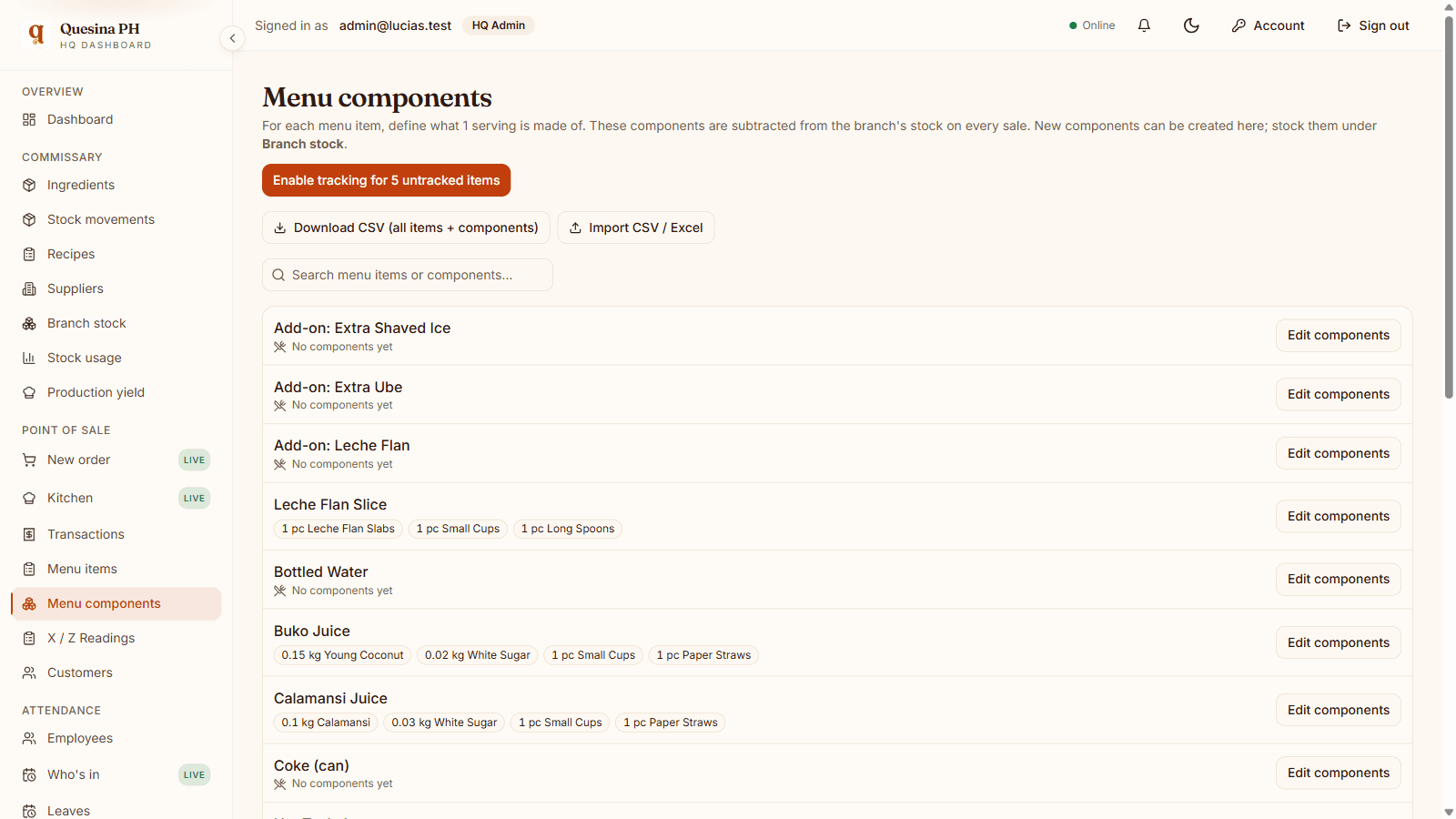 The menu-components per-item bill of materials with bulk import / export.
