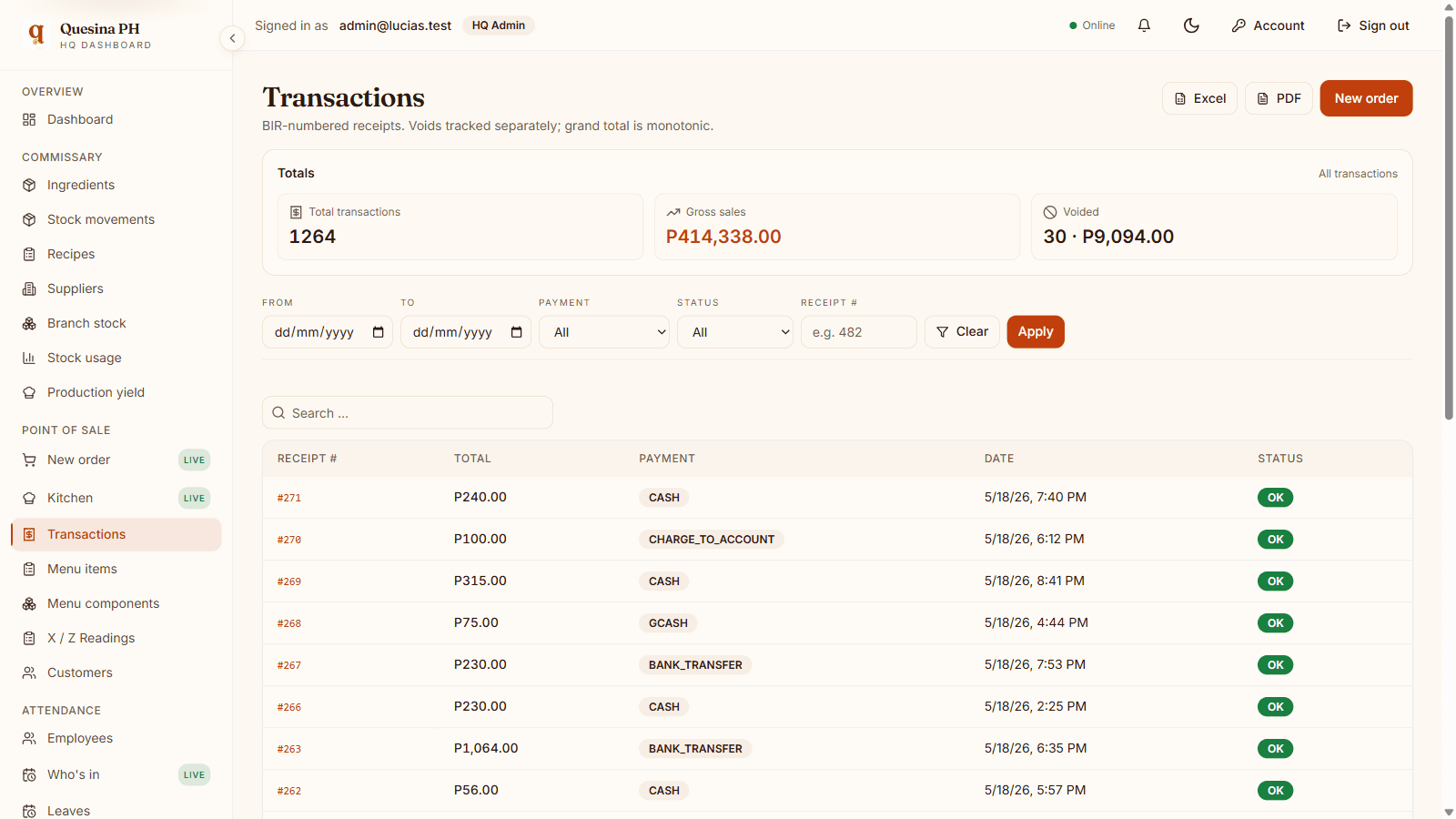 Searchable transactions list with sequential receipt numbers and void.