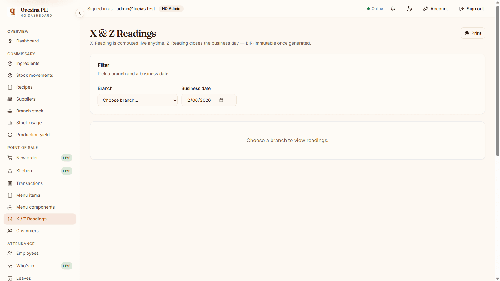 X and Z readings — X anytime, Z closes the day permanently.