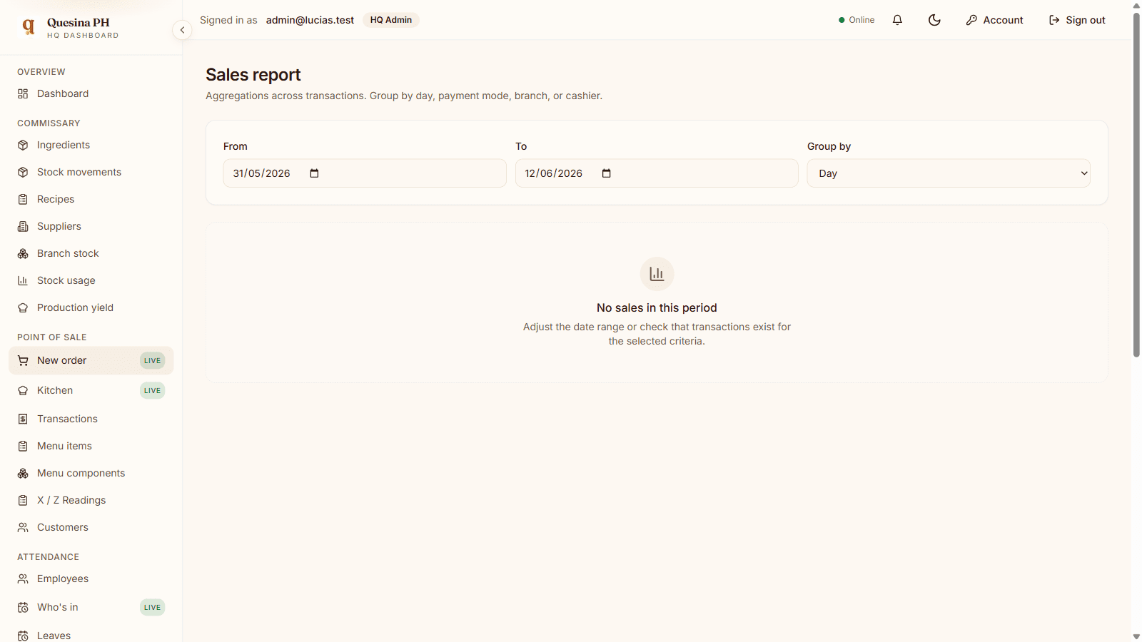 The sales report grouped by day, payment mode, branch or cashier.
